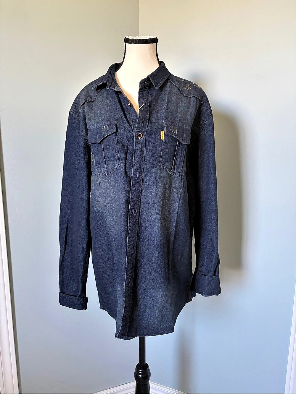 🔥🆕🔥 Aiopeson Men's Distressed Dark Wash Denim Western Button Up Shirt XL